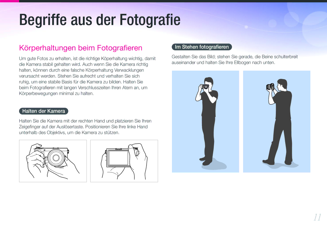 Samsung EV-NX200ZBABPL, EV-NX200ZBSBDE, EV-NX200ZBSTDE manual Halten der Kamera, Im Stehen fotograﬁeren 