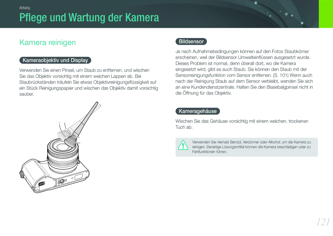 Samsung EV-NX200ZBSTDE, EV-NX200ZBABPL manual 121, Kamera reinigen, Kameraobjektiv und Display, Bildsensor, Kameragehäuse 