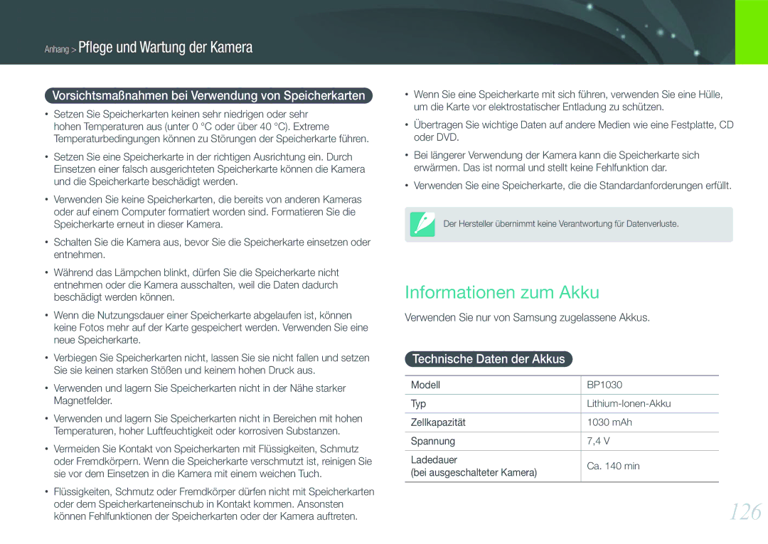 Samsung EV-NX200ZBSBDE, EV-NX200ZBABPL 126, Informationen zum Akku, Vorsichtsmaßnahmen bei Verwendung von Speicherkarten 