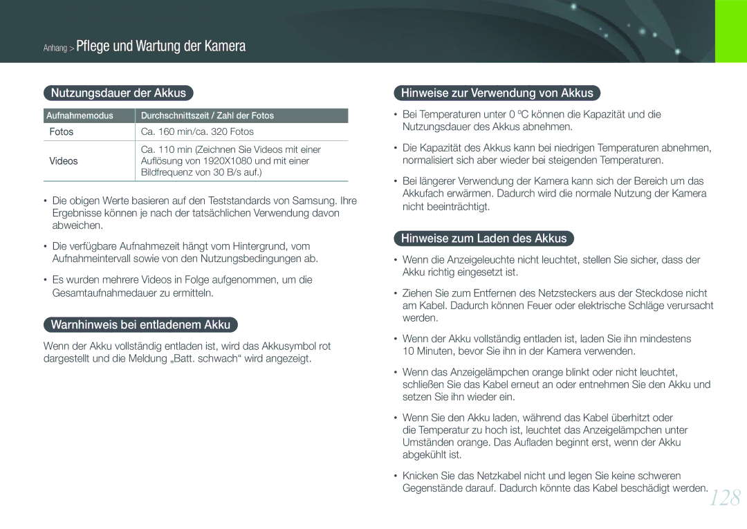 Samsung EV-NX200ZBABPL manual Nutzungsdauer der Akkus, Warnhinweis bei entladenem Akku, Hinweise zur Verwendung von Akkus 