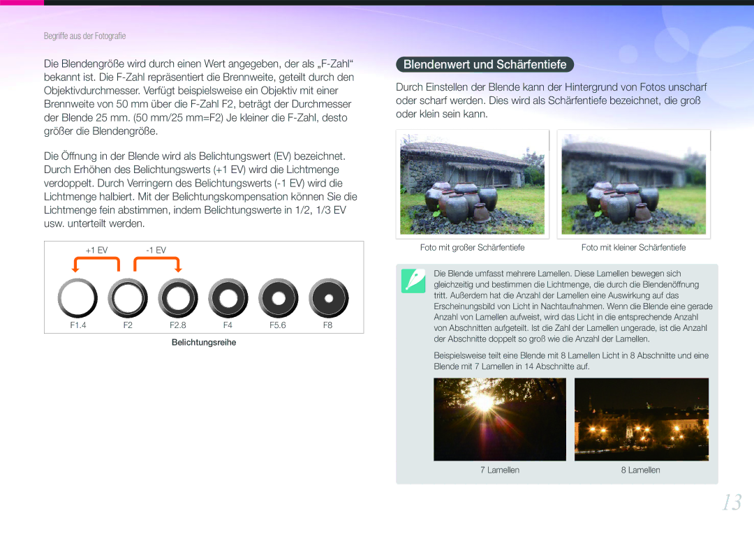 Samsung EV-NX200ZBSTDE, EV-NX200ZBABPL, EV-NX200ZBSBDE manual Blendenwert und Schärfentiefe 