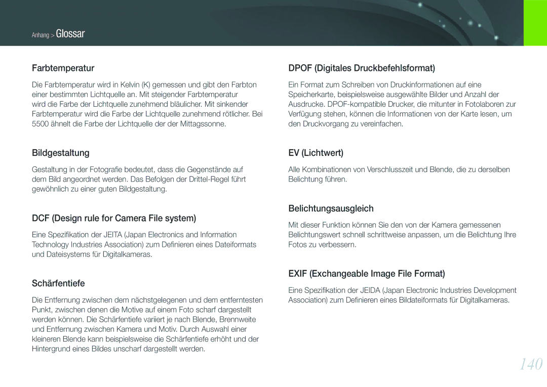 Samsung EV-NX200ZBABPL, EV-NX200ZBSBDE, EV-NX200ZBSTDE manual 140, Farbtemperatur 