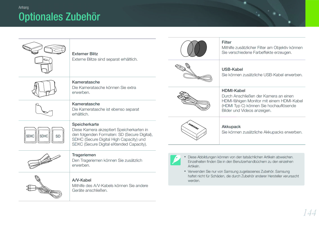 Samsung EV-NX200ZBSBDE, EV-NX200ZBABPL manual Optionales Zubehör, 144, Akkupack Sie können zusätzliche Akkupacks erwerben 