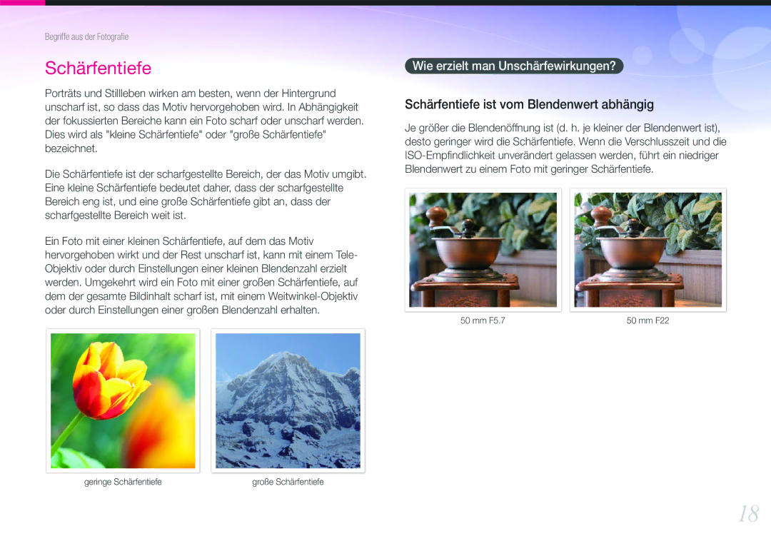 Samsung EV-NX200ZBSBDE, EV-NX200ZBABPL, EV-NX200ZBSTDE manual Schärfentiefe, Wie erzielt man Unschärfewirkungen? 