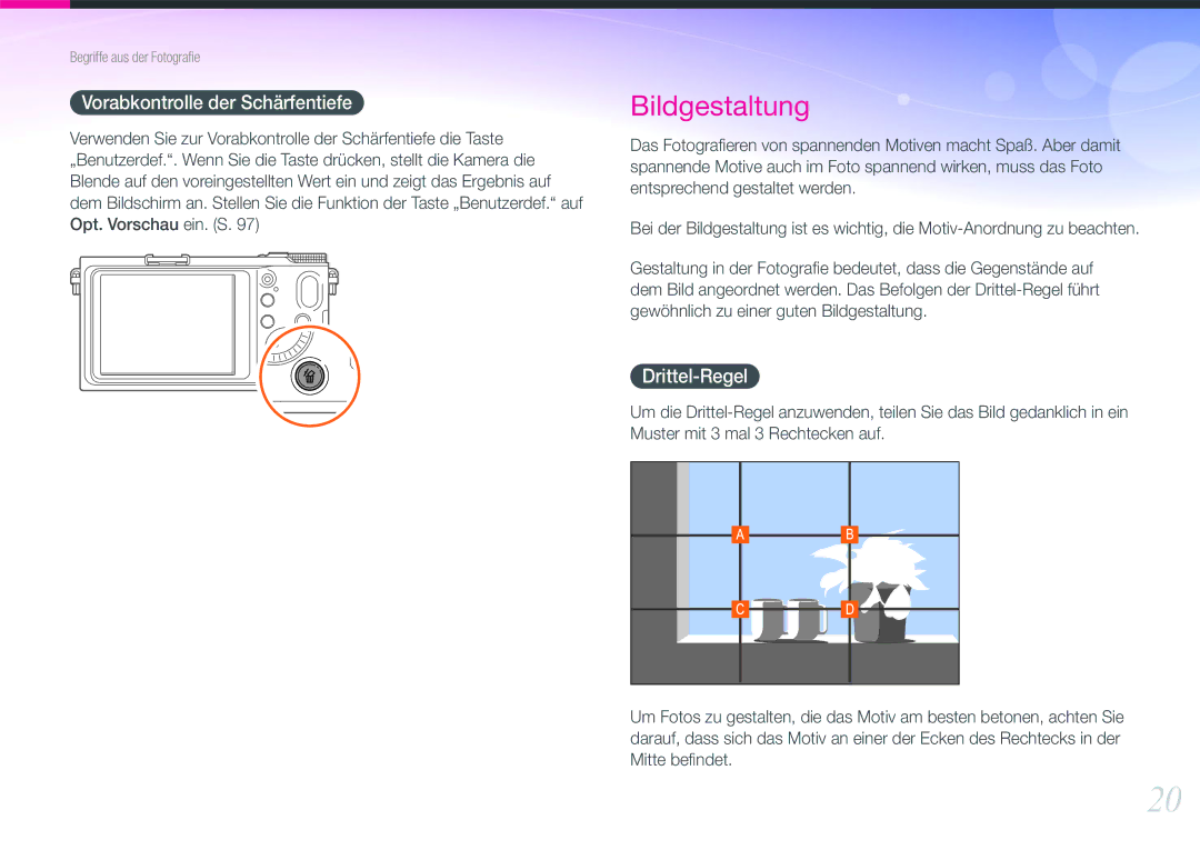 Samsung EV-NX200ZBABPL, EV-NX200ZBSBDE, EV-NX200ZBSTDE manual Vorabkontrolle der Schärfentiefe, Drittel-Regel 