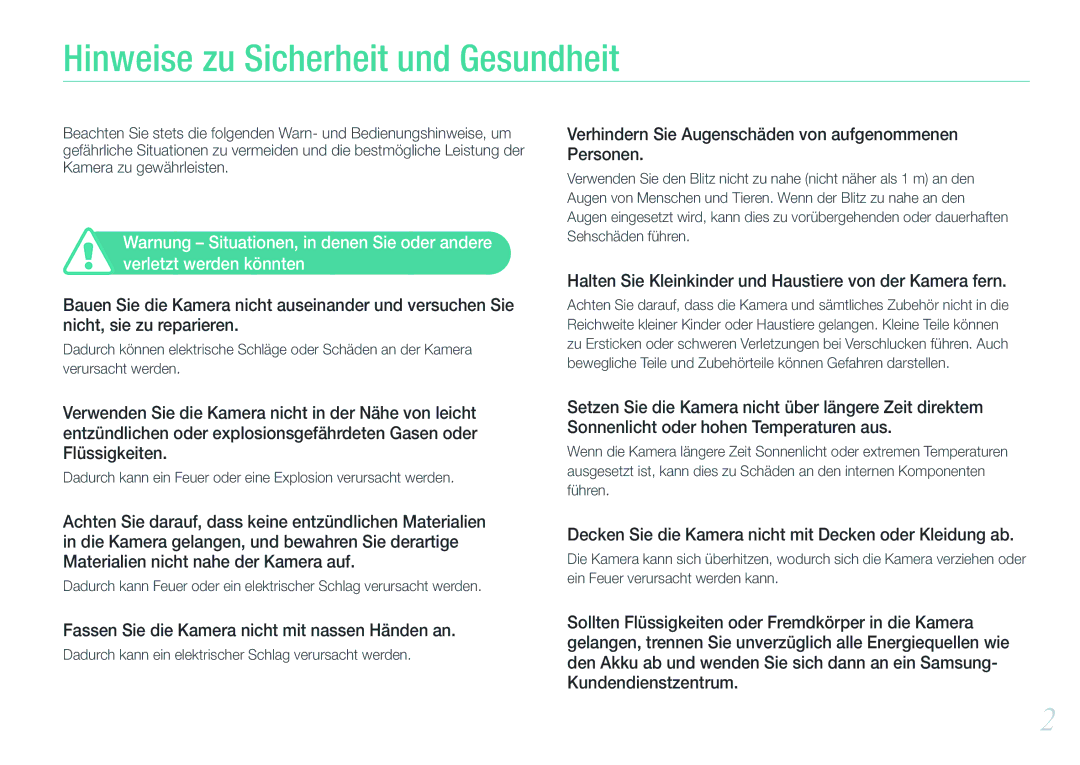 Samsung EV-NX200ZBABPL manual Hinweise zu Sicherheit und Gesundheit, Dadurch kann ein elektrischer Schlag verursacht werden 