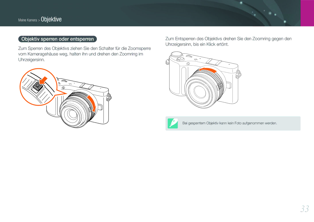 Samsung EV-NX200ZBSBDE, EV-NX200ZBABPL, EV-NX200ZBSTDE manual Objektiv sperren oder entsperren 