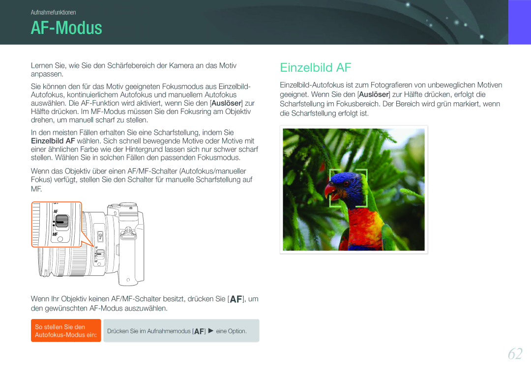 Samsung EV-NX200ZBABPL, EV-NX200ZBSBDE, EV-NX200ZBSTDE manual AF-Modus, Einzelbild AF 
