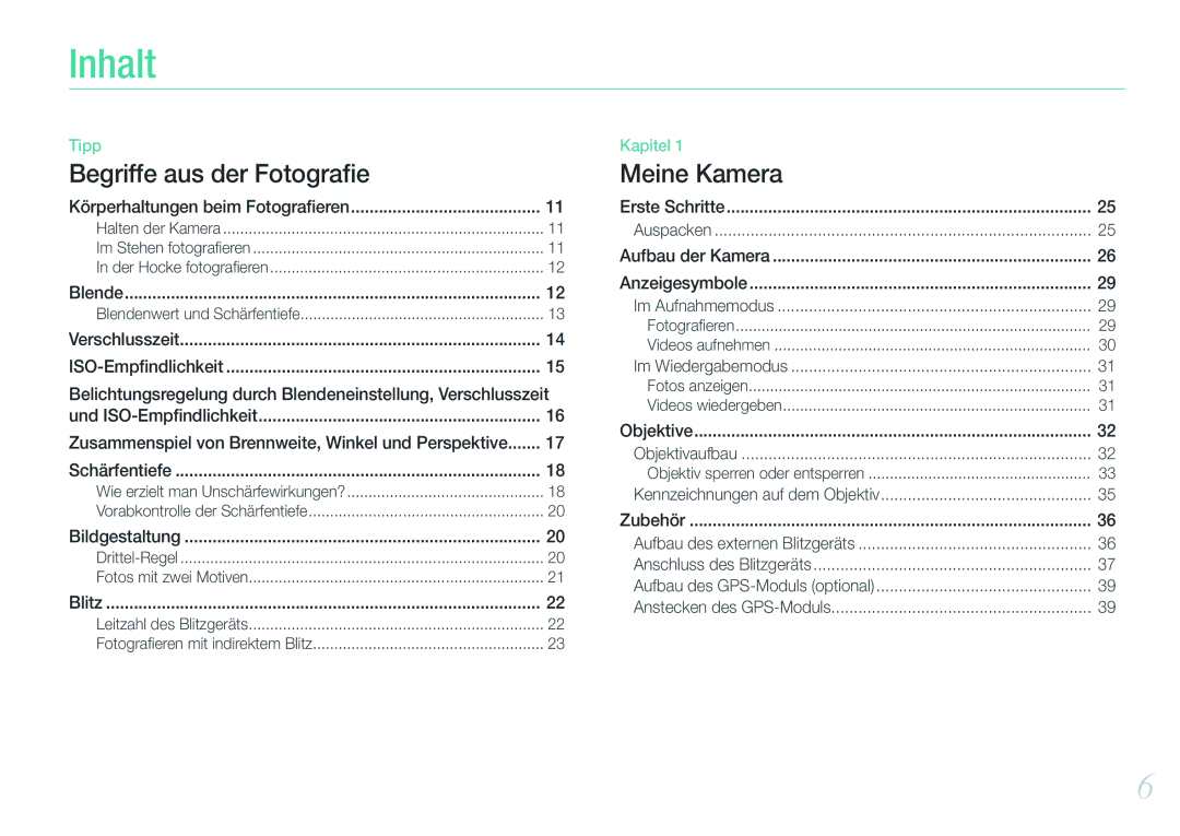 Samsung EV-NX200ZBSBDE, EV-NX200ZBABPL manual Inhalt, Körperhaltungen beim Fotograﬁeren, Und ISO-Empﬁndlichkeit 