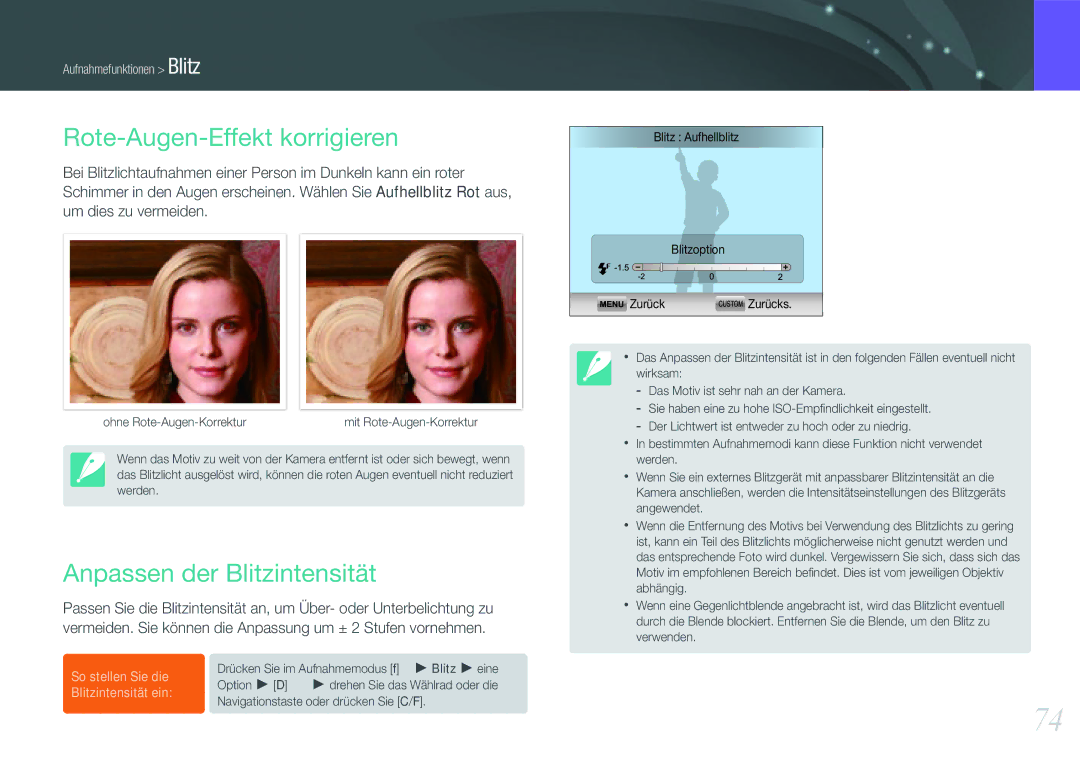 Samsung EV-NX200ZBABPL, EV-NX200ZBSBDE, EV-NX200ZBSTDE manual Rote-Augen-Effekt korrigieren, Anpassen der Blitzintensität 