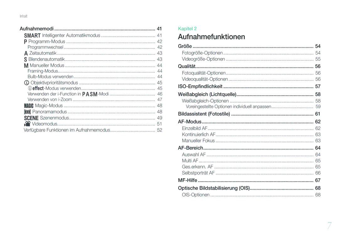 Samsung EV-NX200ZBSTDE manual Panoramamodus, Videomodus, Weißabgleich Lichtquelle, Optische Bildstabilisierung OIS 