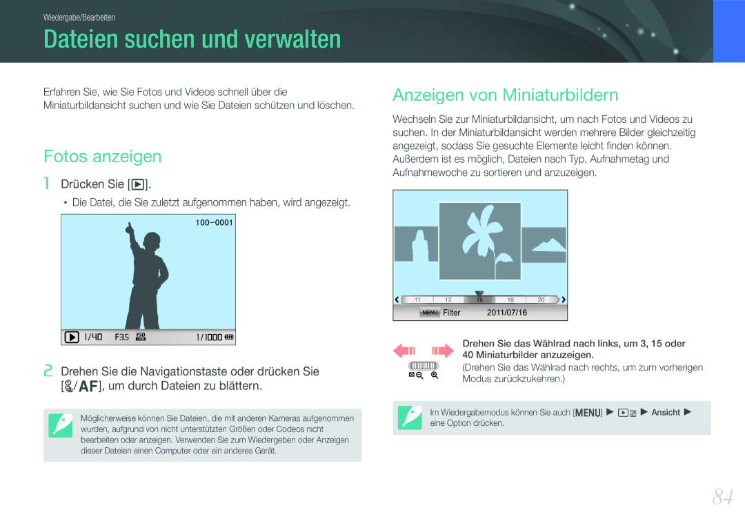 Samsung EV-NX200ZBSBDE, EV-NX200ZBABPL manual Dateien suchen und verwalten, Fotos anzeigen, Anzeigen von Miniaturbildern 