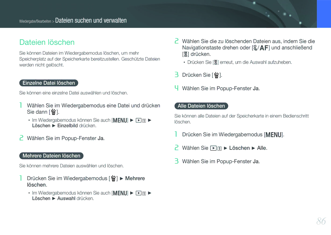Samsung EV-NX200ZBABPL, EV-NX200ZBSBDE manual Einzelne Datei löschen, Mehrere Dateien löschen, Alle Dateien löschen 