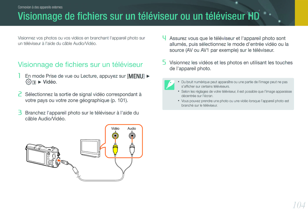 Samsung EV-NX200ZBABFR, EV-NX200ZBSBFR manual Visionnage de ﬁchiers sur un téléviseur ou un téléviseur HD, 104 