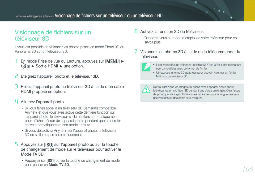 Samsung EV-NX200ZBABFR, EV-NX200ZBSBFR manual 106, Visionnage de ﬁchiers sur un téléviseur 3D 