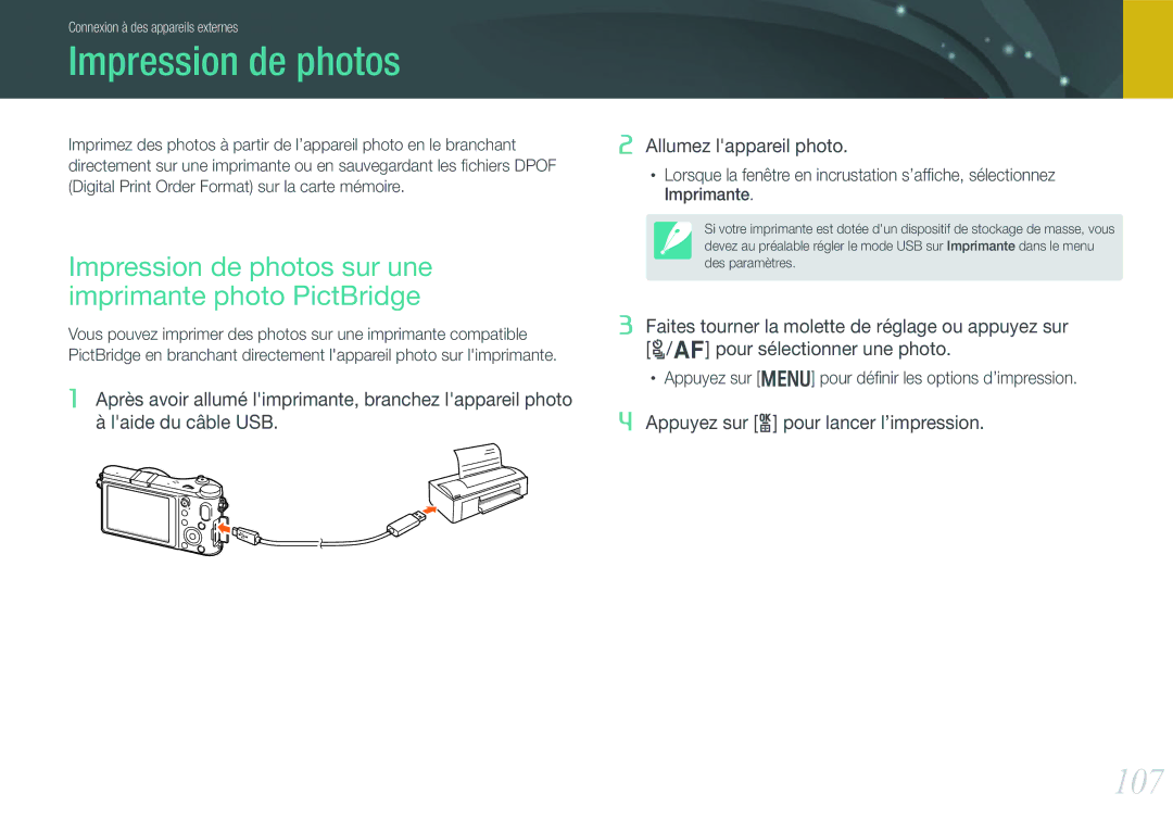 Samsung EV-NX200ZBSBFR, EV-NX200ZBABFR manual 107, Impression de photos sur une imprimante photo PictBridge 