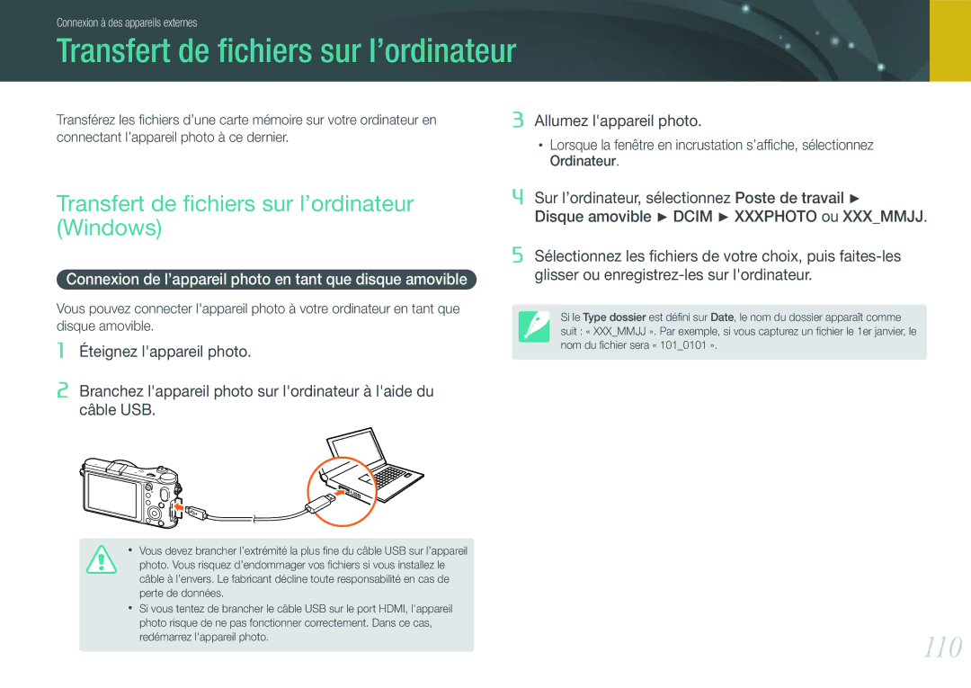 Samsung EV-NX200ZBABFR 110, Transfert de ﬁchiers sur l’ordinateur Windows, Connectant l’appareil photo à ce dernier 