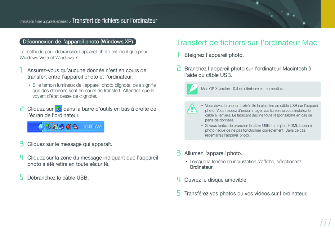 Samsung EV-NX200ZBSBFR manual 111, Transfert de ﬁchiers sur l’ordinateur Mac, Déconnexion de l’appareil photo Windows XP 
