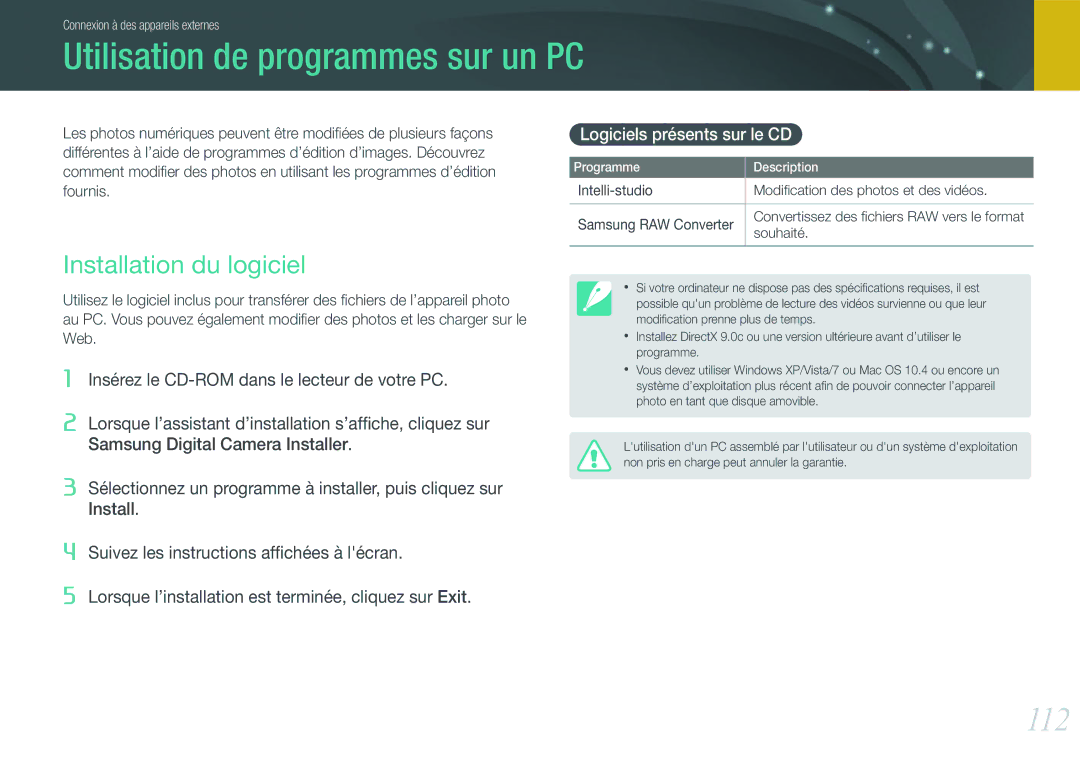 Samsung EV-NX200ZBABFR Utilisation de programmes sur un PC, 112, Installation du logiciel, Logiciels présents sur le CD 