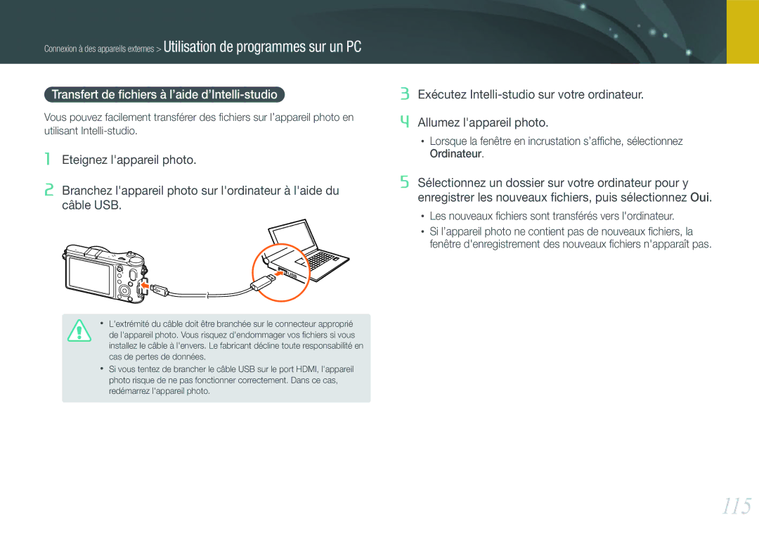 Samsung EV-NX200ZBSBFR, EV-NX200ZBABFR manual 115, Transfert de ﬁchiers à l’aide d’Intelli-studio 