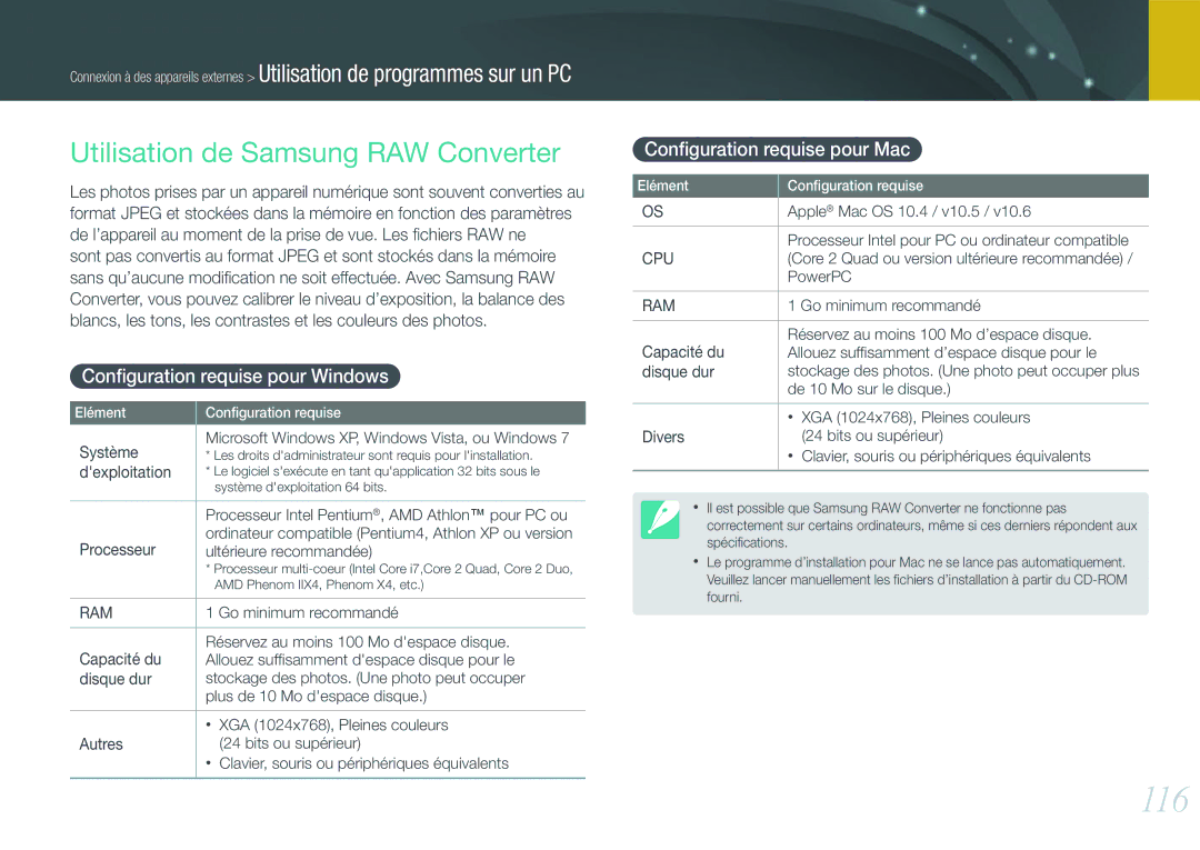 Samsung EV-NX200ZBABFR, EV-NX200ZBSBFR manual 116, Utilisation de Samsung RAW Converter, Conﬁguration requise pour Windows 