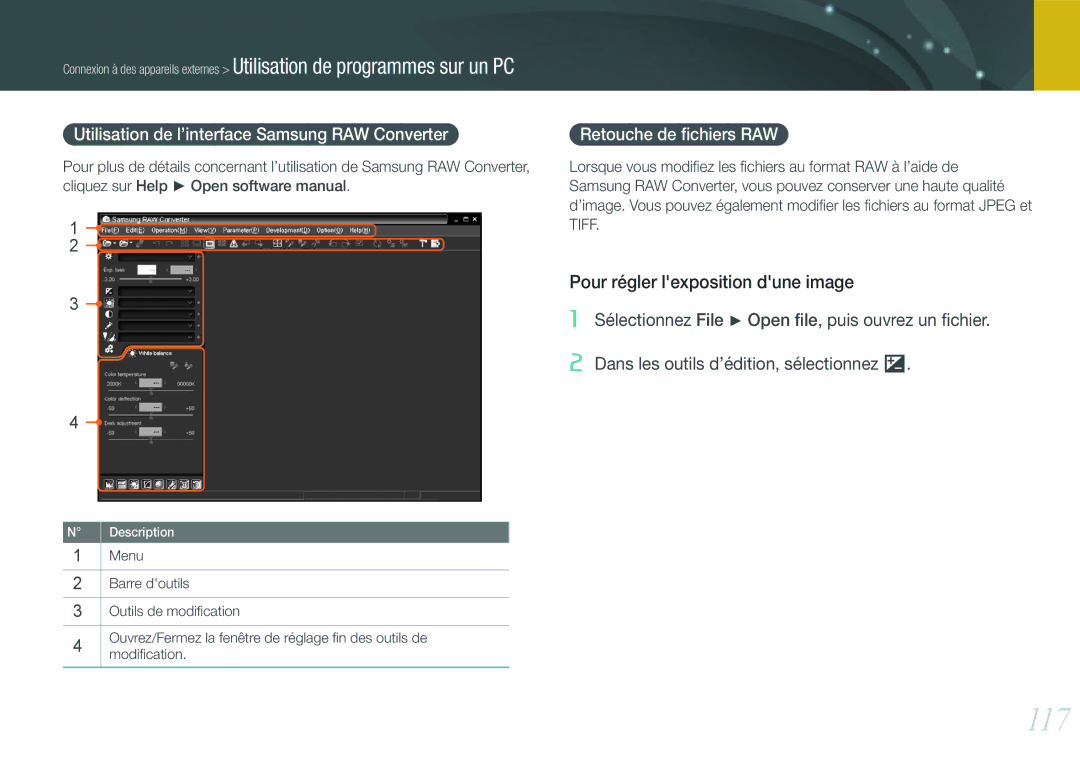 Samsung EV-NX200ZBSBFR, EV-NX200ZBABFR manual 117, Utilisation de l’interface Samsung RAW Converter, Retouche de ﬁchiers RAW 