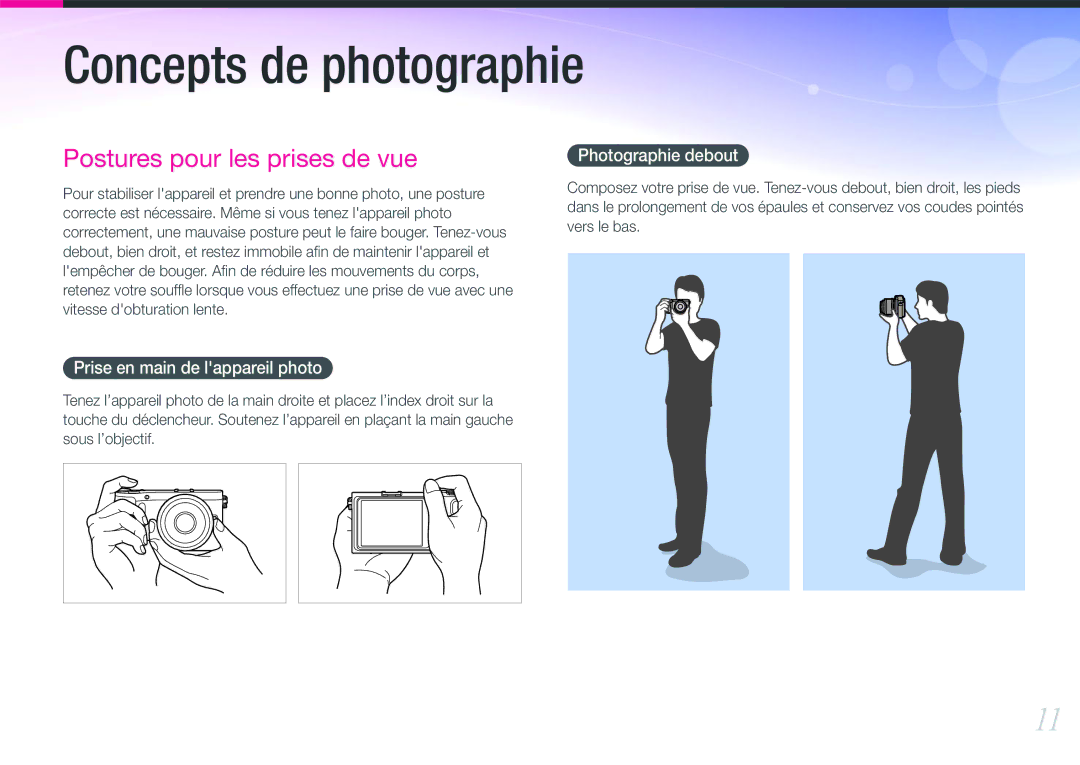 Samsung EV-NX200ZBSBFR, EV-NX200ZBABFR manual Concepts de photographie, Prise en main de lappareil photo 