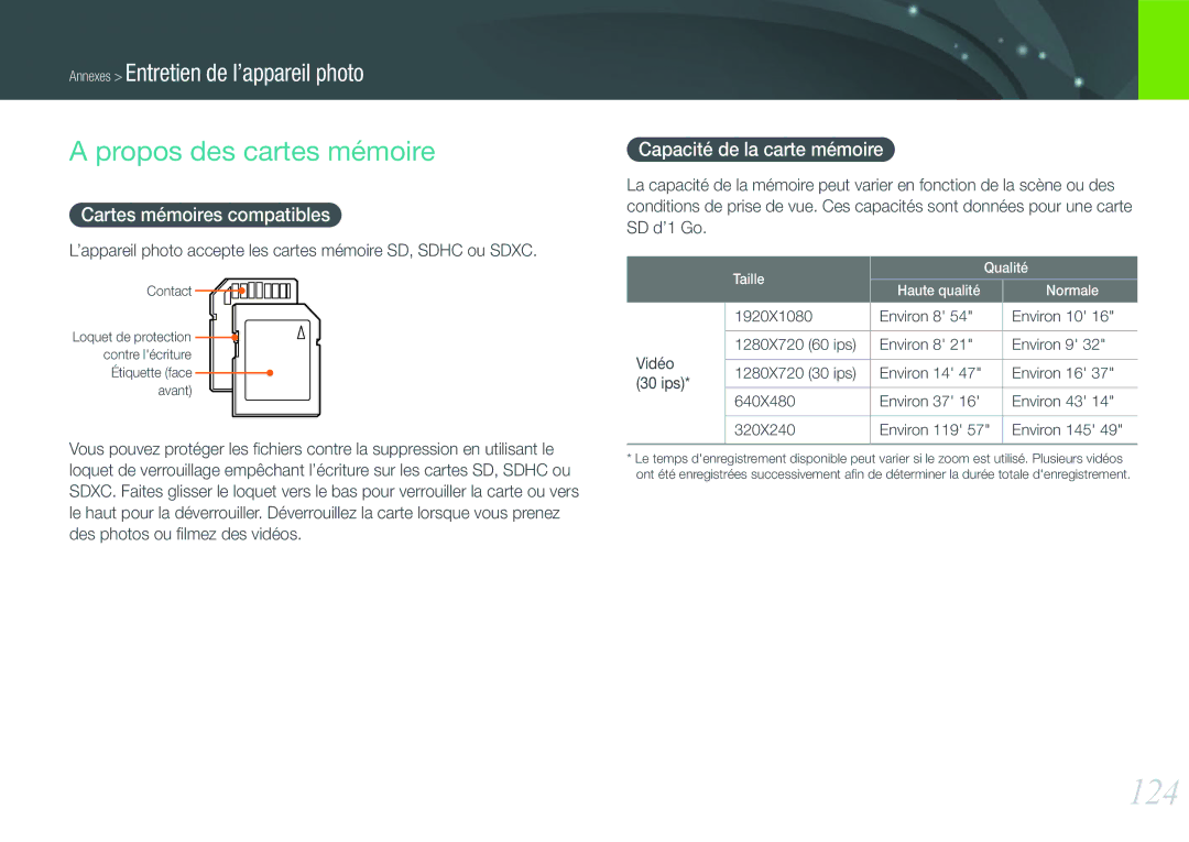 Samsung EV-NX200ZBABFR manual 124, Propos des cartes mémoire, Cartes mémoires compatibles, Capacité de la carte mémoire 