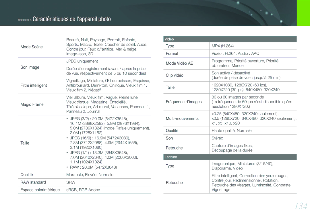 Samsung EV-NX200ZBABFR, EV-NX200ZBSBFR manual 134 