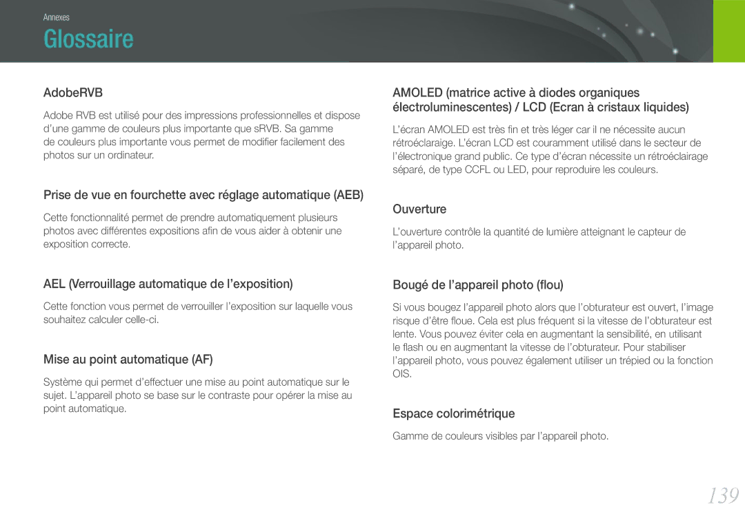 Samsung EV-NX200ZBSBFR, EV-NX200ZBABFR manual Glossaire, 139 