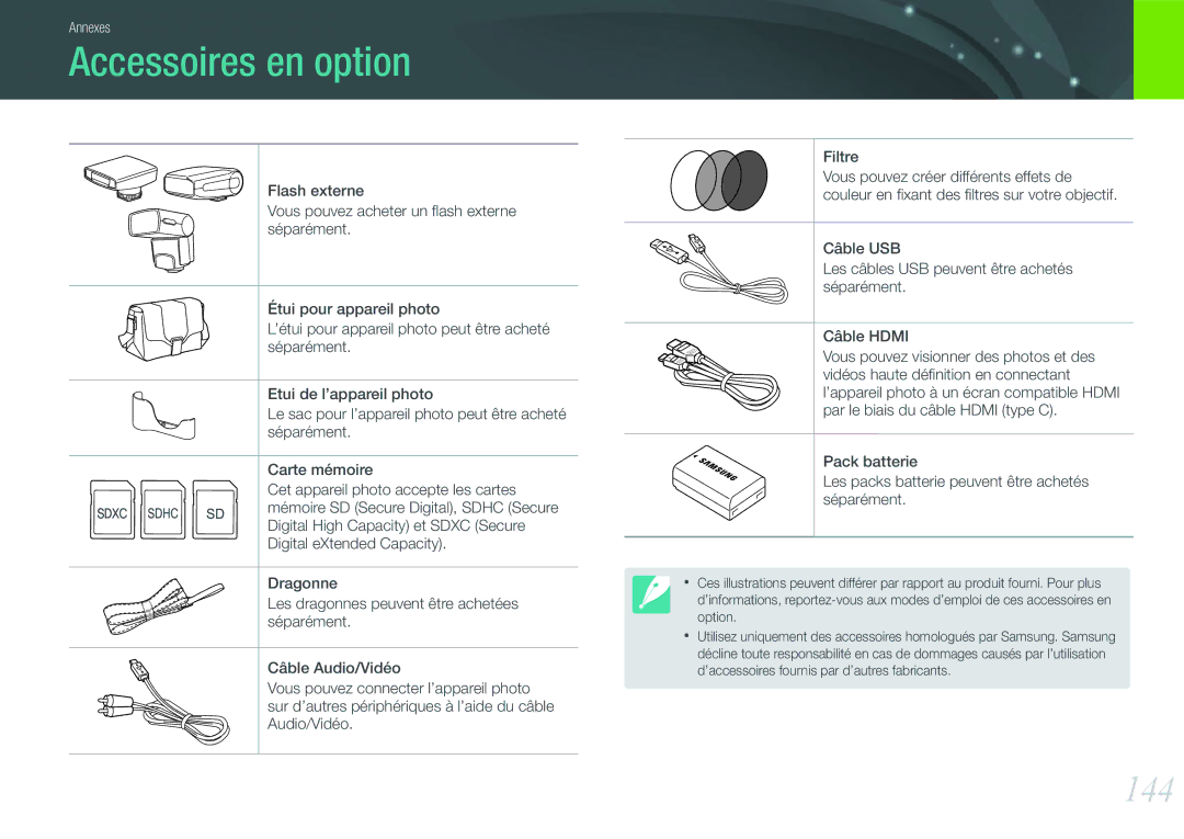 Samsung EV-NX200ZBABFR, EV-NX200ZBSBFR manual Accessoires en option, 144 