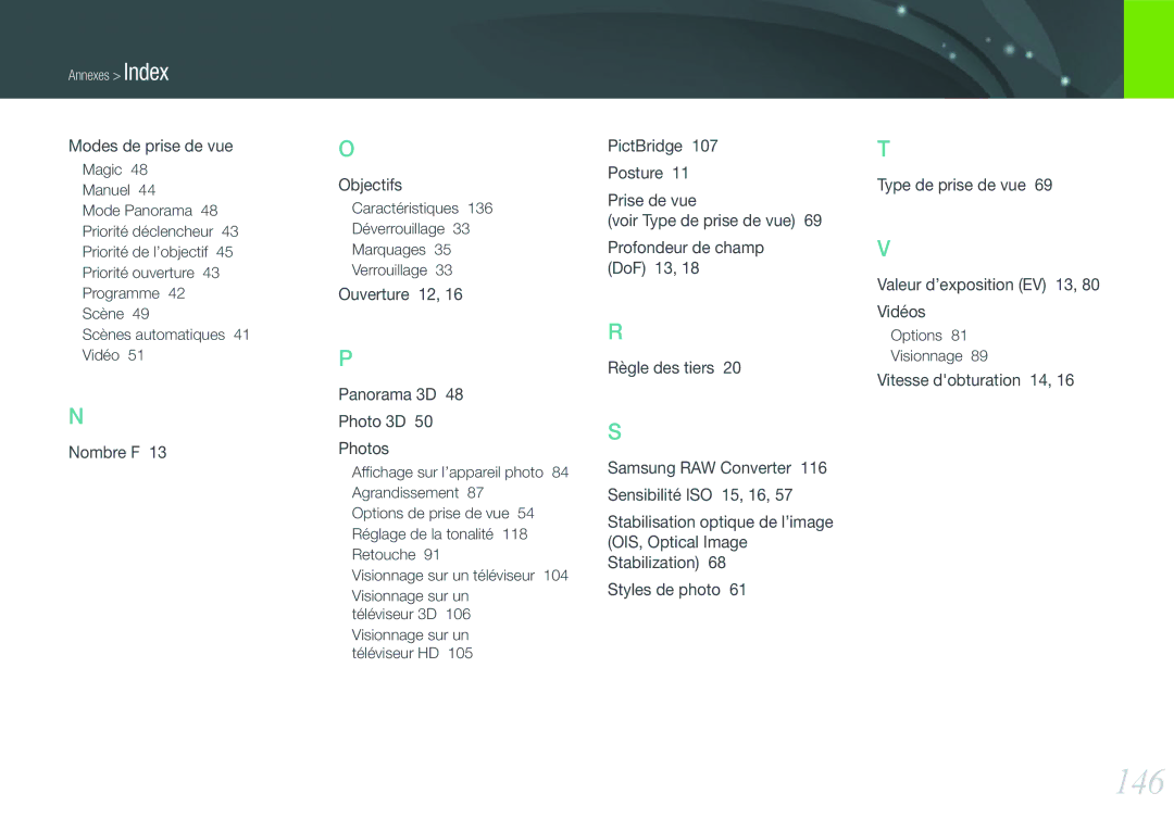 Samsung EV-NX200ZBABFR manual 146, Modes de prise de vue, Nombre F Objectifs, Ouverture 12 Panorama 3D Photo 3D Photos 