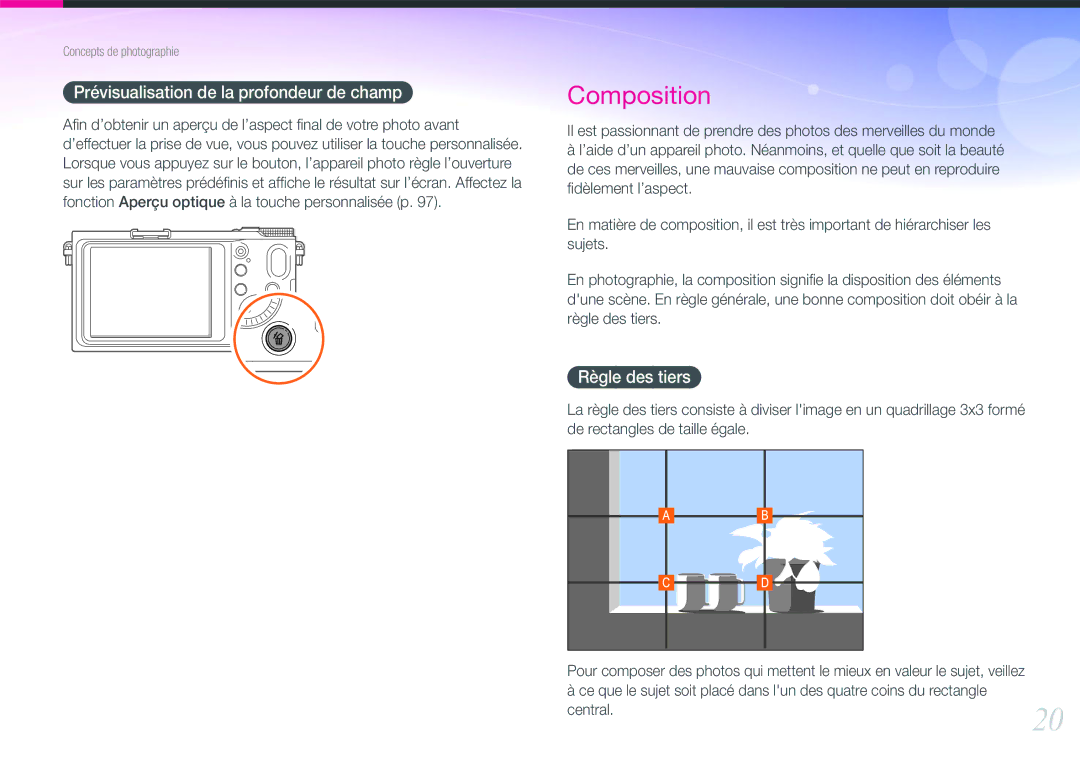 Samsung EV-NX200ZBABFR, EV-NX200ZBSBFR manual Prévisualisation de la profondeur de champ, Règle des tiers 