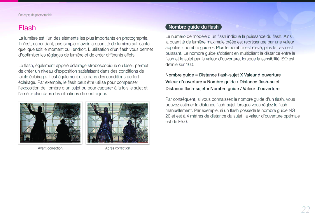 Samsung EV-NX200ZBABFR, EV-NX200ZBSBFR manual Flash, Nombre guide du ﬂash 