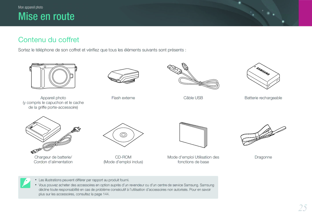 Samsung EV-NX200ZBSBFR, EV-NX200ZBABFR Mise en route, Contenu du coffret, Flash externe, Batterie rechargeable Dragonne 