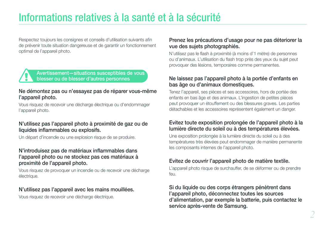 Samsung EV-NX200ZBABFR, EV-NX200ZBSBFR manual Informations relatives à la santé et à la sécurité 