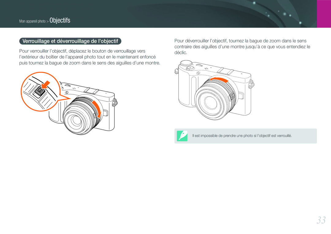 Samsung EV-NX200ZBSBFR, EV-NX200ZBABFR manual Verrouillage et déverrouillage de l’objectif 