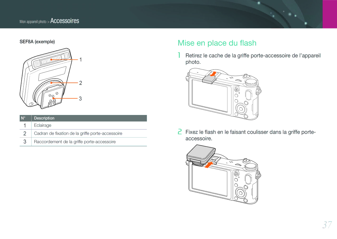 Samsung EV-NX200ZBSBFR, EV-NX200ZBABFR manual Mise en place du ﬂash, SEF8A exemple 