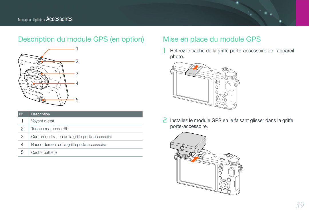 Samsung EV-NX200ZBSBFR, EV-NX200ZBABFR manual Description du module GPS en option, Mise en place du module GPS 