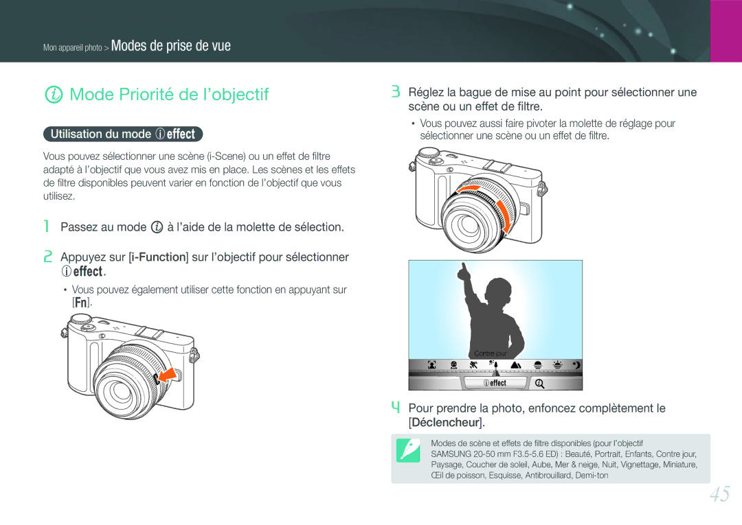 Samsung EV-NX200ZBSBFR, EV-NX200ZBABFR manual Mode Priorité de l’objectif, Utilisation du mode E 