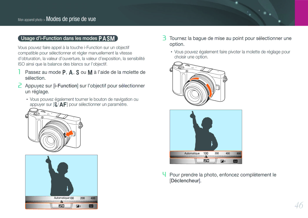 Samsung EV-NX200ZBABFR, EV-NX200ZBSBFR manual Usage d’i-Function dans les modes Pasm 