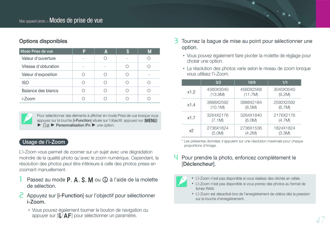 Samsung EV-NX200ZBSBFR, EV-NX200ZBABFR manual Usage de l’i-Zoom 