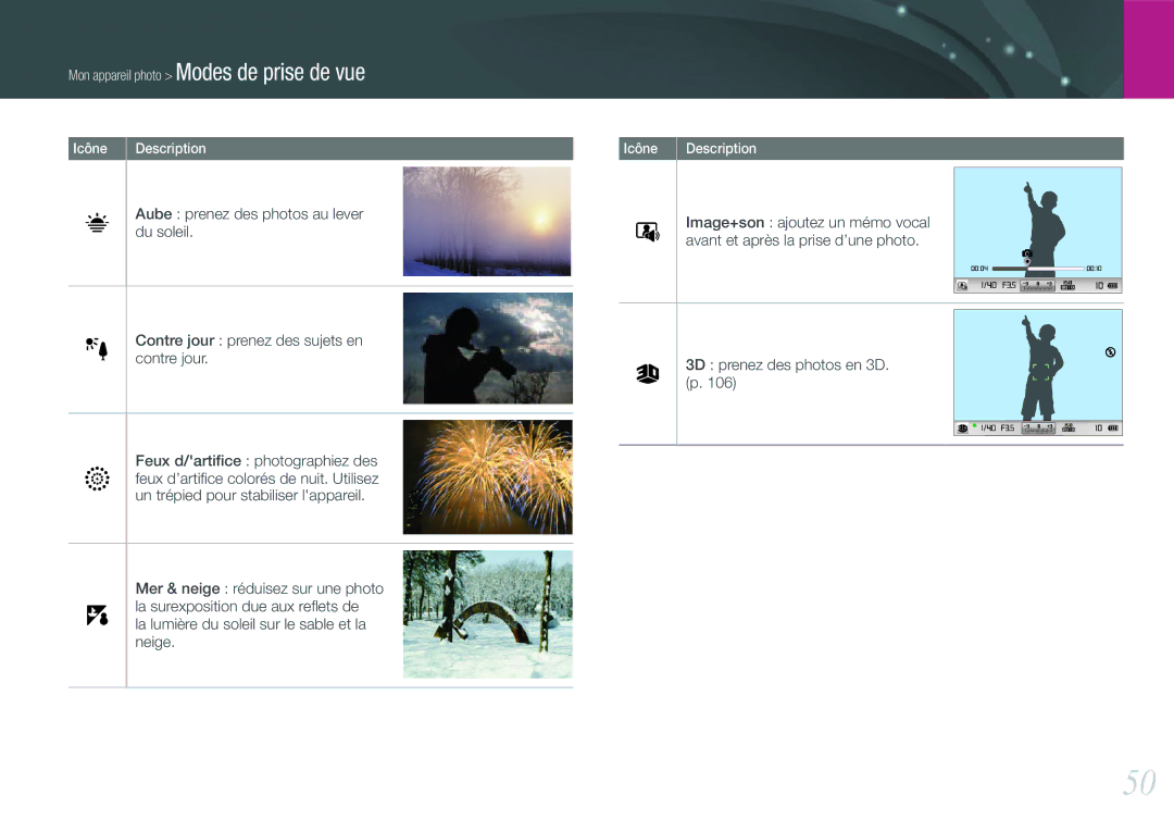 Samsung EV-NX200ZBABFR, EV-NX200ZBSBFR manual La lumière du soleil sur le sable et la neige, 3D prenez des photos en 3D. p 
