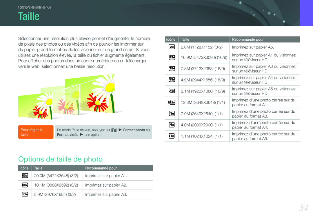 Samsung EV-NX200ZBABFR, EV-NX200ZBSBFR manual Taille, Options de taille de photo 