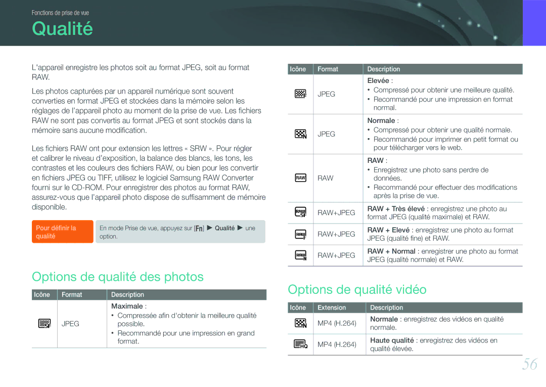 Samsung EV-NX200ZBABFR, EV-NX200ZBSBFR manual Qualité, Options de qualité des photos, Options de qualité vidéo 