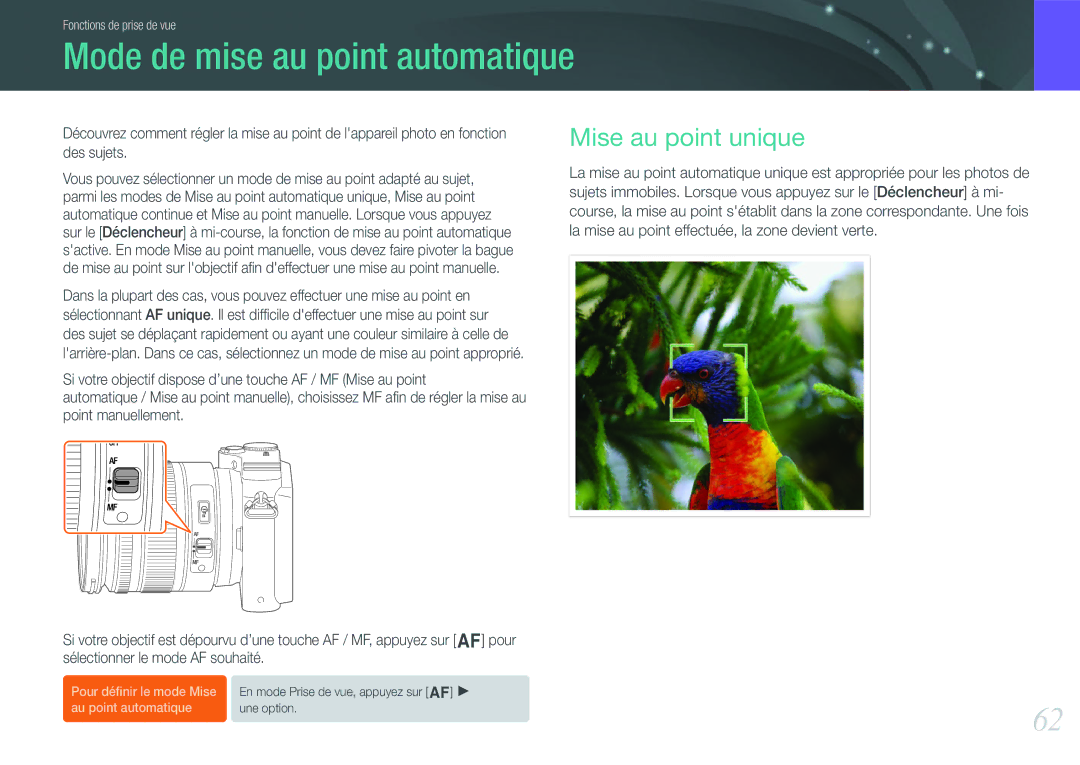 Samsung EV-NX200ZBABFR, EV-NX200ZBSBFR manual Mode de mise au point automatique, Mise au point unique 