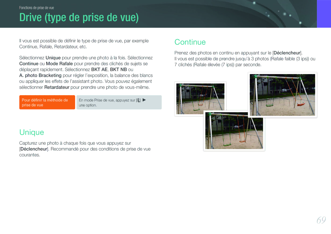 Samsung EV-NX200ZBSBFR, EV-NX200ZBABFR manual Drive type de prise de vue, Unique, Continue 