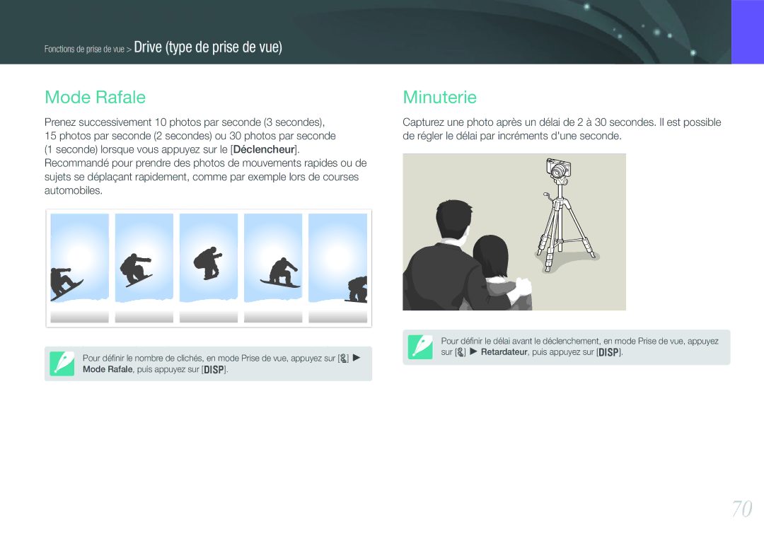 Samsung EV-NX200ZBABFR, EV-NX200ZBSBFR manual Mode Rafale, Minuterie 