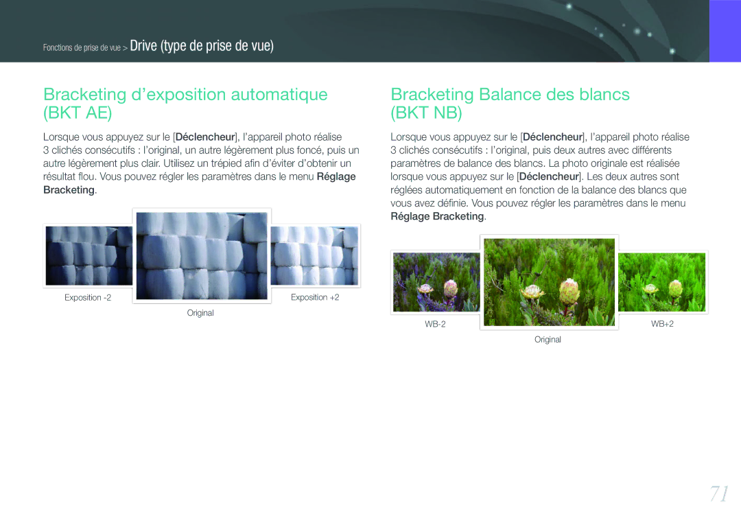 Samsung EV-NX200ZBSBFR, EV-NX200ZBABFR Bracketing d’exposition automatique BKT AE, Bracketing Balance des blancs BKT NB 