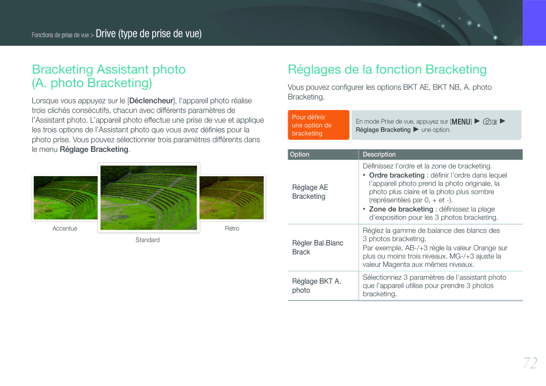 Samsung EV-NX200ZBABFR, EV-NX200ZBSBFR Bracketing Assistant photo A. photo Bracketing, Réglages de la fonction Bracketing 